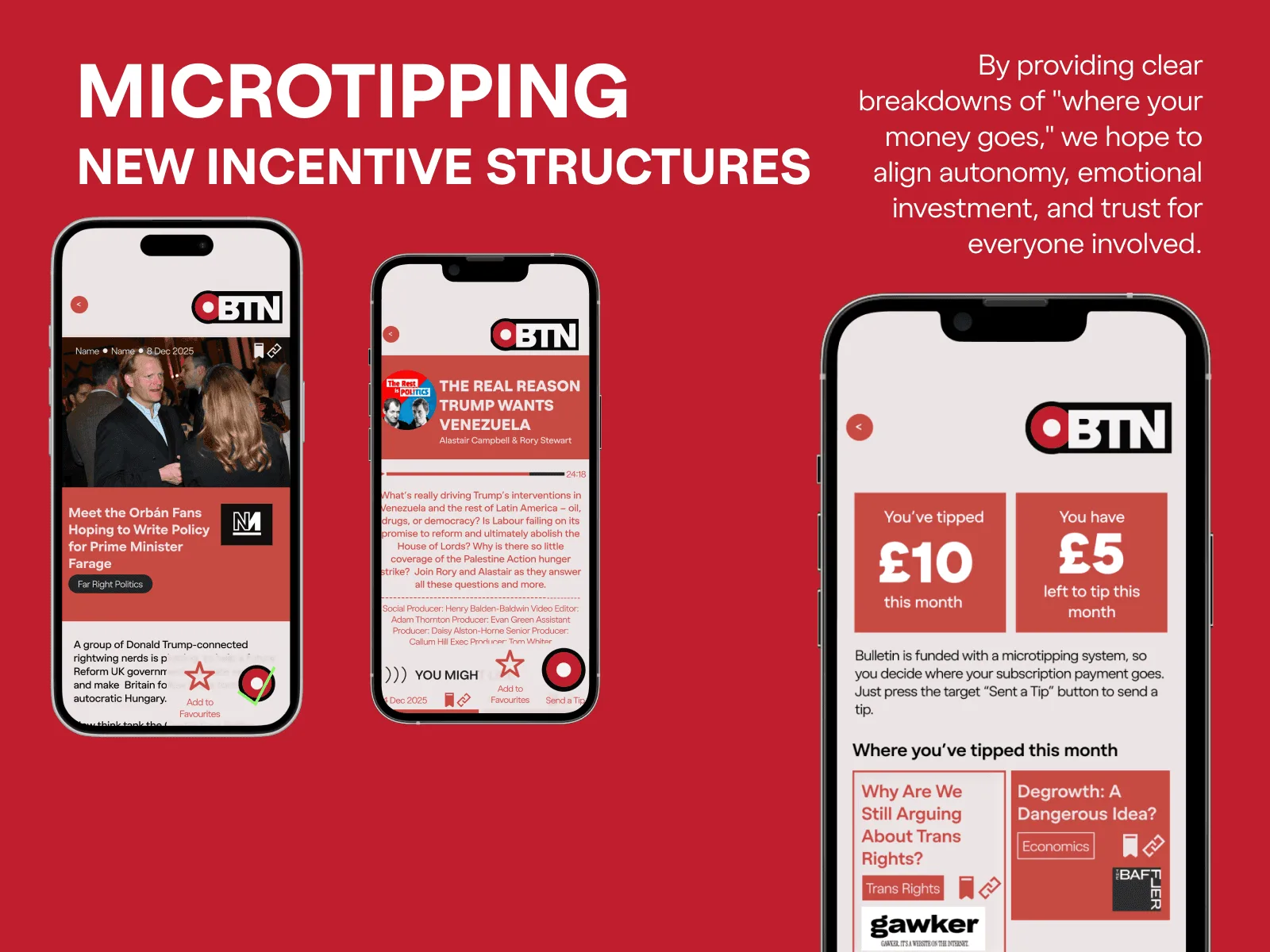BTN microtipping screens showing £10 and £5 tips to publishers