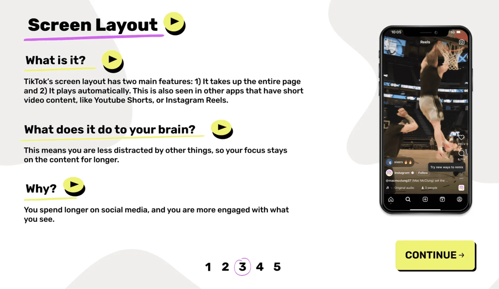 A course screen explaining TikTok's screen layout and what it does to your brain