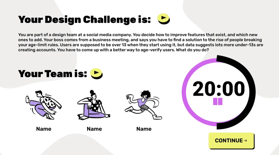 A team challenge screen with a twenty-minute timer
